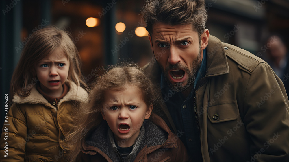 Startled Family on Urban Street, expressive father and his two young children react with shock on a city street, capturing a moment of surprise