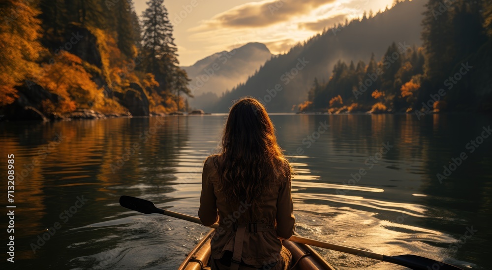 As the misty fog settled over the tranquil lake, a lone woman paddled her canoe towards the fiery sunset, surrounded by the serene beauty of nature's embrace - obrazy, fototapety, plakaty 