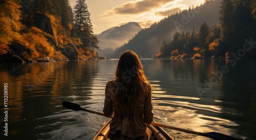 Foto As the misty fog settled over the tranquil lake, a lone woman paddled her canoe