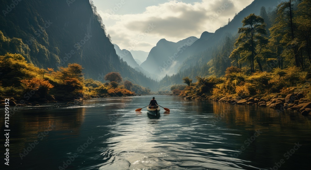 A solitary figure navigates through a misty landscape, surrounded by towering trees and mountains, as the tranquil river leads them towards the unknown