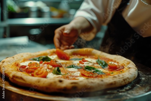A person is seen adding various toppings to a pizza. This image can be used to showcase the process of preparing a delicious pizza