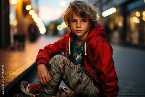 A young boy, bundled in a red jacket, sits on the cold city sidewalk, his eyes meeting the curious gaze of a passing girl