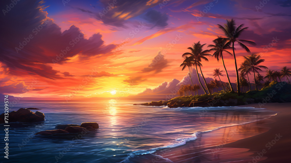 Gorgeous Hawaiian beach sunset with palm trees