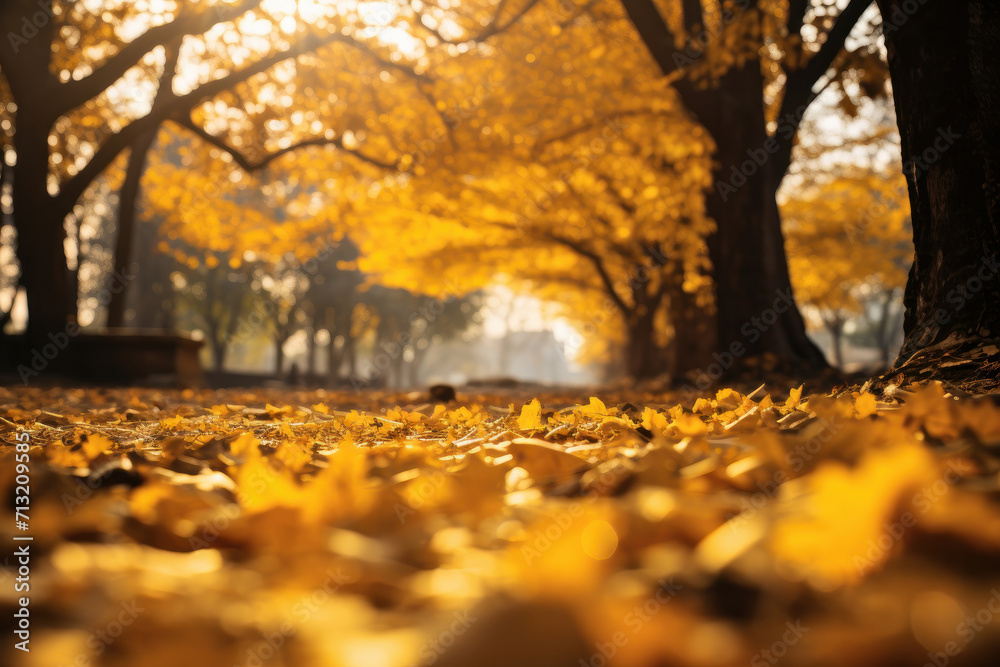 Embrace the beauty of fall with this scenic view of a park showcasing a ground covered in a bright yellow leafy carpet and trees illuminated by sunlight. Joyful and vivid. AI generative.
