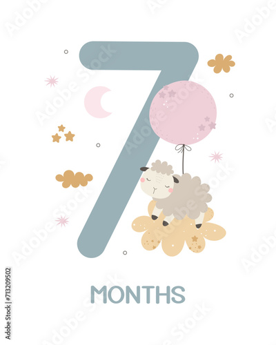 Baby milestone card. Cartoon sheep, number, hand drawing lettering, decor elements. Colorful vector illustration, flat style. design for greeting cards, print, poster