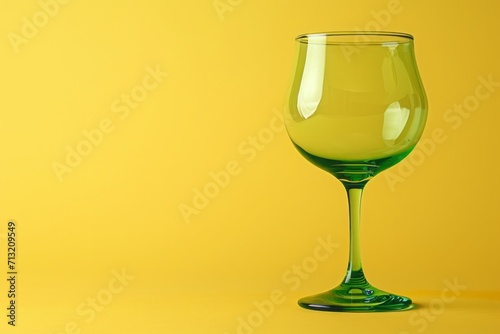 Green wine glass on a yellow background with copy space