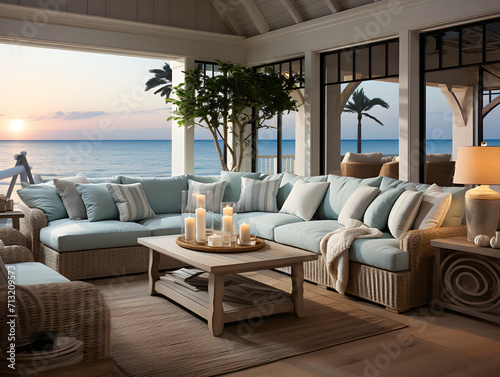 Fabric sofas with turquoise pillows. Coastal home interior design of modern living room in seaside house © Ekaterina