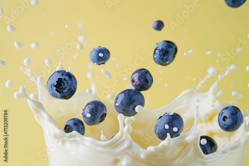Flying splashes of yogurt and blueberries against pastel yellow background