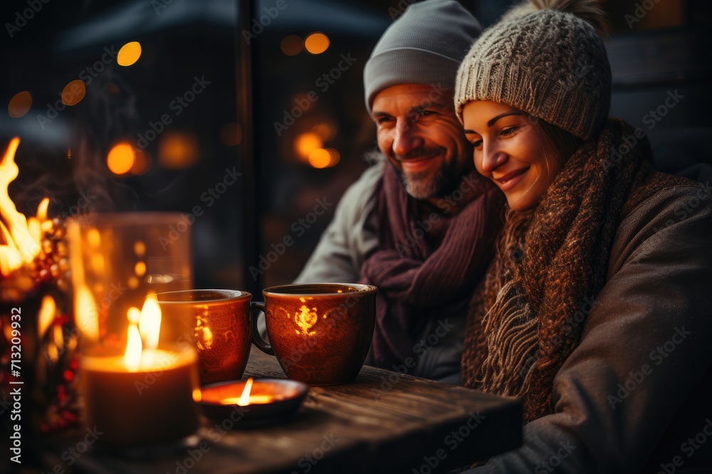 As the warm flame of the candle flickers in the cold winter air, a man and woman sit at a table with cups of tea, their faces glowing with smiles as they find comfort in each other's company indoors