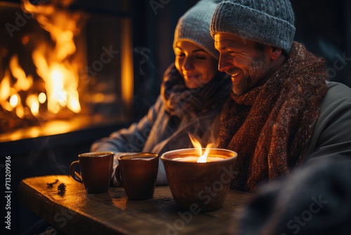 Two individuals sit comfortably indoors, mesmerized by the dancing flames of a candle while sipping on warm cups of coffee, the perfect combination of human warmth and nature's embrace