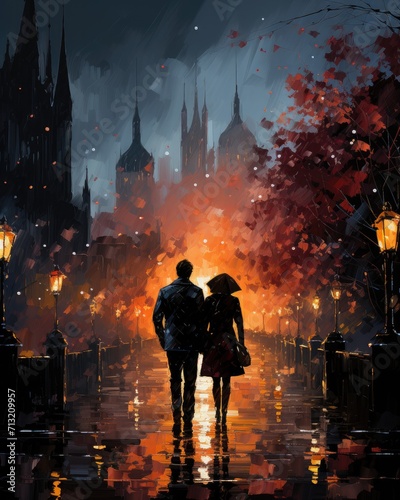 A couple strolls hand in hand through the rainy city streets, their lanterns casting a warm glow against the damp trees as they find solace in each other's company