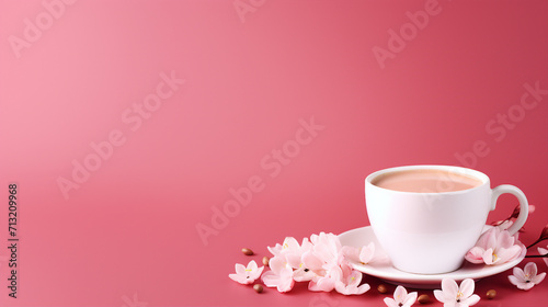 Captivating Pink Cappuccino  Trendy Coffee Concept with Stylish Aesthetic  White Flower Petals  and Copy Space for Text on an Isolated Background - Perfect for Your Morning Ritual