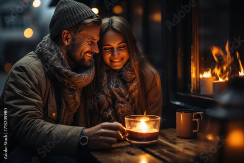 As the woman gazes at the flickering flame of the candle, she feels the warmth of its heat against her skin, her face illuminated by its glow, while the man beside her admires her radiance in her sim