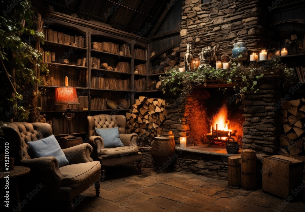 A cozy living room filled with comfortable furniture, centered around a warm fireplace, invites you to relax and unwind in this inviting indoor space A cozy living room filled with comfortable furniture, centered around a warm fireplace, invites you to relax and unwind in this inviting indoor space