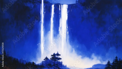 Night scenery showing blue waterfall in forest,landscape painting,illustration, generative, AI.