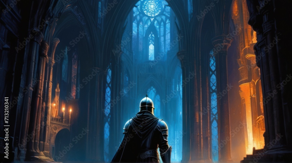 The knight looking at mysterious light in gothic buildings, digital art style, illustration painting, generative, AI.
