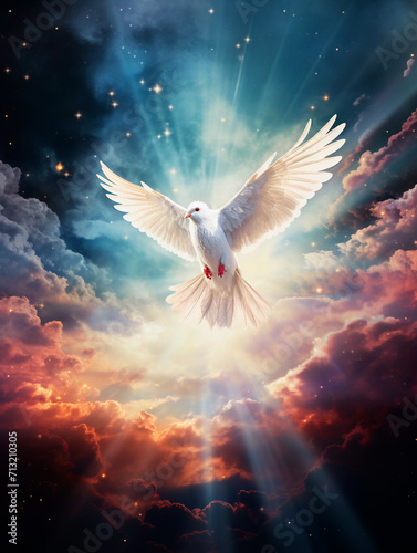 White dove flying high in the sky with rays of light and clouds