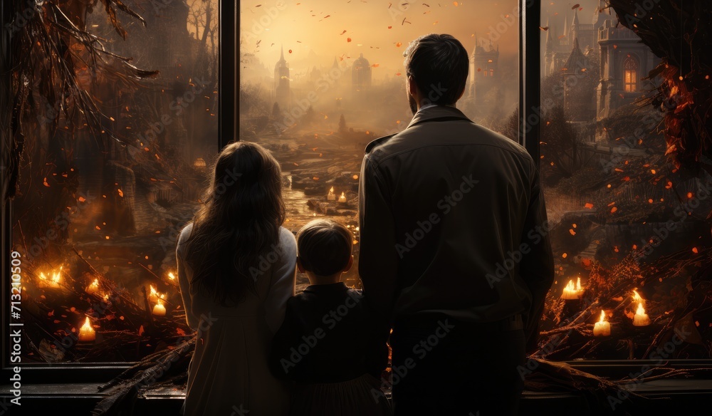 As the man gazes out the window, his clothing clings to his body in the oppressive heat, while the fiery glow of the building reflects the fear and concern of the people inside As the man gazes out the window, his clothing clings to his body in the oppressive heat, while the fiery glow of the building reflects the fear and concern of the people inside