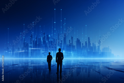 Futuristic Smart City with Digital Network Connection Lines and Silhouettes of Business People, Conceptual Background for Technology Innovation and Urban Development