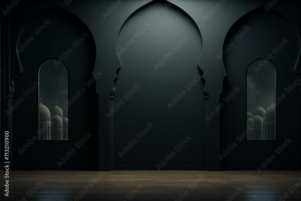 Mystic Islamic Architecture Interior with Arched Windows Reflecting Mosque Silhouettes, Atmospheric Background for Spiritual and Religious Theme