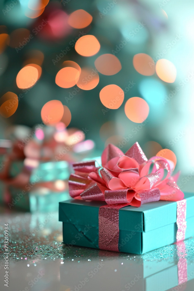blue and pink boxes with pink bow. selective focus. Generative AI, blue and pink boxes with pink bow. selective focus. Generative AI,