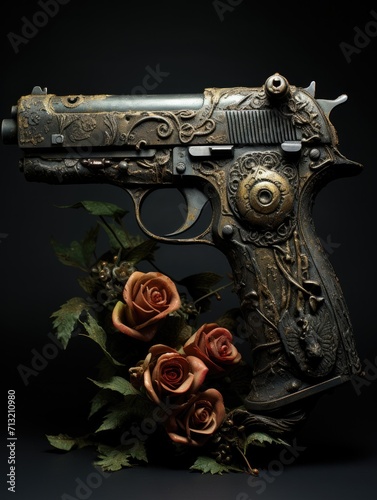 A beautifully dangerous combination of violence and love, this gun adorned with roses is a symbol of the complexities of human nature