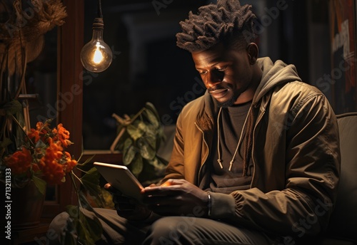 A contemplative man in casual clothing sits on a couch, his face illuminated by the soft glow of a lamp, as he scrolls through a tablet amidst a room filled with vases, flowers, and potted plants © Larisa AI