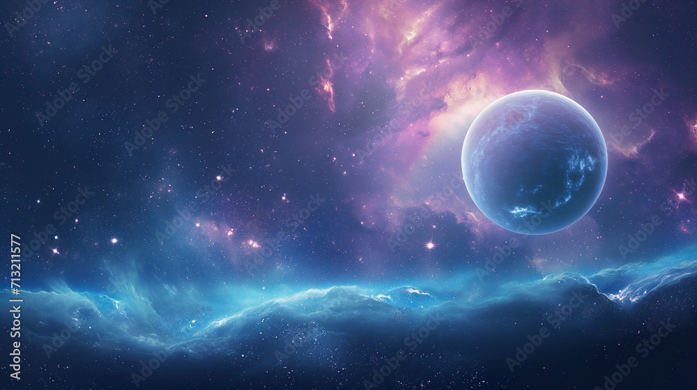 Obraz premium Cosmic Vista with a Luminous Planet, Ethereal Nebulae, and Star-studded Galaxy, Captivating Space Background for Sci-Fi Enthusiasts and Dreamers of the Univers