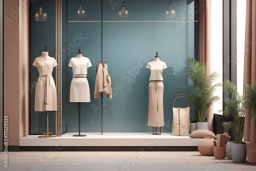 Display window of fashion or clothing boutique shop with blank clean signboard mockup for offers or sale season design. photo
