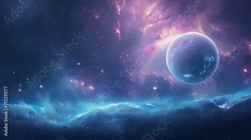 Cosmic Vista with a Luminous Planet, Ethereal Nebulae, and Star-studded Galaxy, Captivating Space Background for Sci-Fi Enthusiasts and Dreamers of the Univers