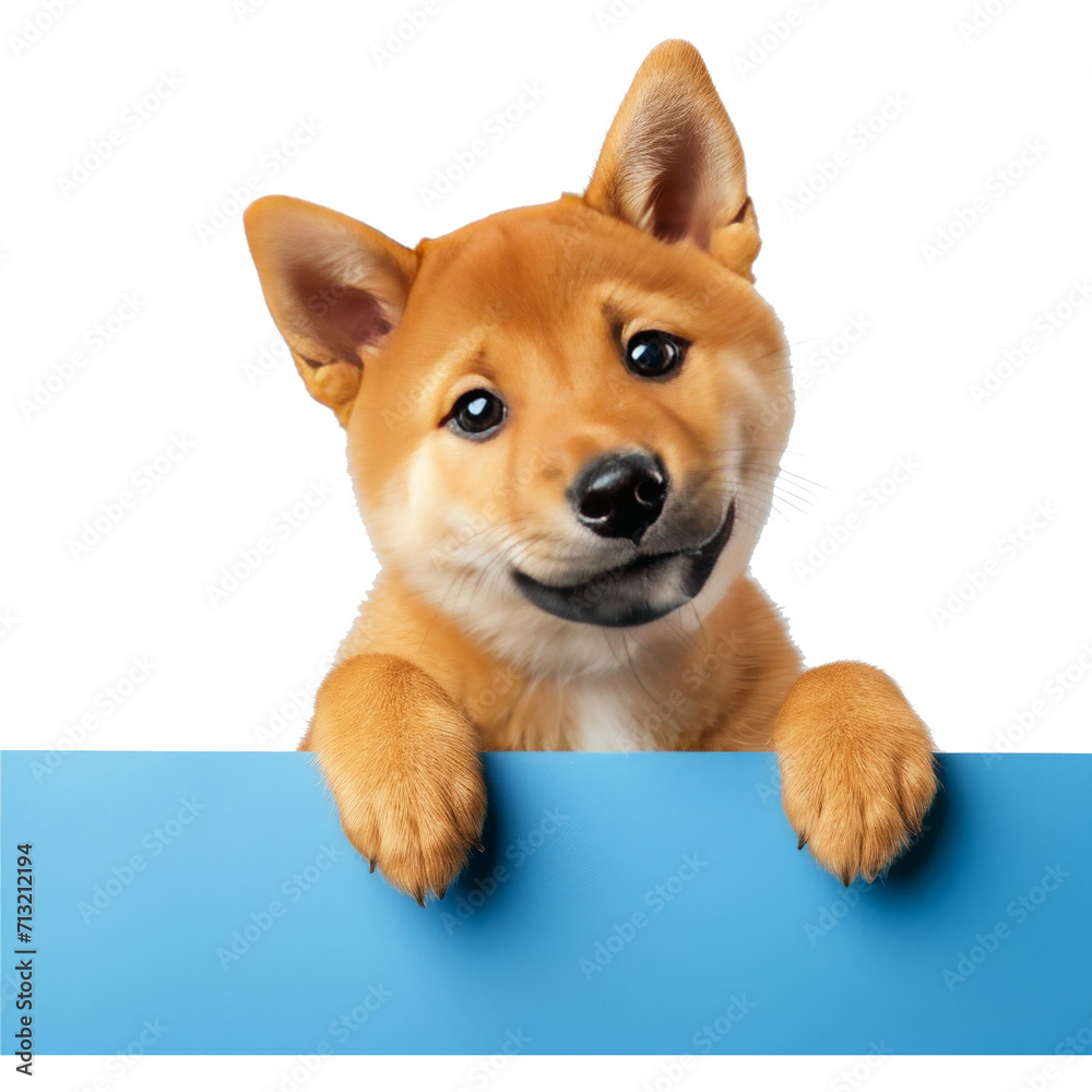 Φωτογραφία Portrait funny and happy shiba inu puppy dog peeking out from behind a blue bann