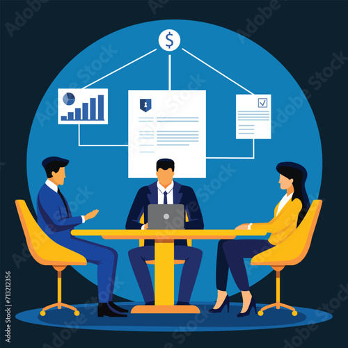 Business partners meeting in the bank discussing financial investment and signing the contract. Data analysis research for business financial planning. Financial concept vector flat illustration.