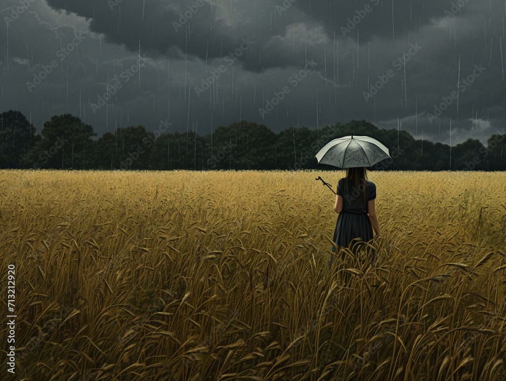 a man stands in a field during the rain, rain, weather, gloom, created with Generative AI technology