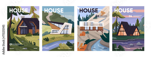 Modern architecture poster set. Contemporary lodge on river shore. A frame house on evening mountain landscape. Cottage, wood building in forest. Home for summer vacation. Flat vector illustration