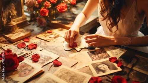 Explore the Creativity of a Woman Crafting Memories in a Personalized Scrapbook for Valentine's Day, Adorning Pages with Dry Flowers and Artistic Paper Elements for a Unique Memory Journal. photo