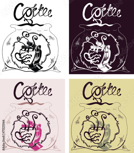 Coffee line art set. Outline coffee illustrations collection with black thin line. Hand drown illustrations for your design.