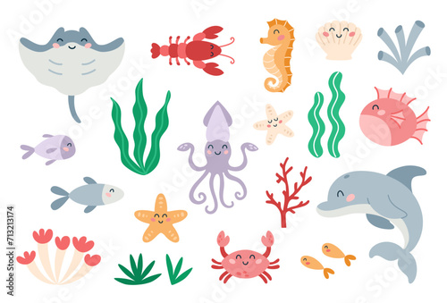 Set of cute marine animals in flat cartoon style. Sea life, ocean design elements for printing, poster, card. © AnaRisyet