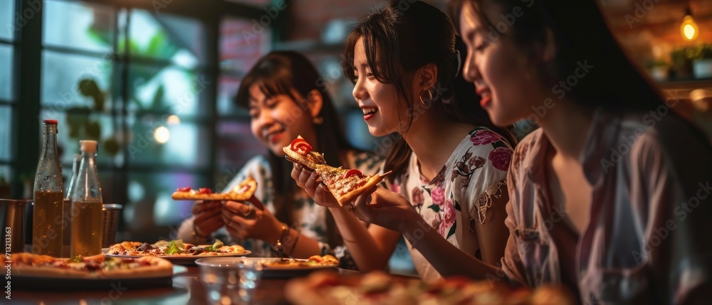 Happy Asian Three young female friends eating pizza party at home - obrazy, fototapety, plakaty 
