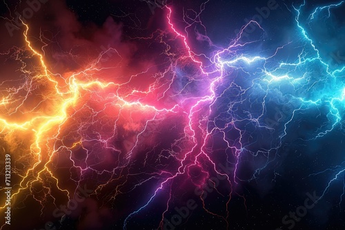 Lightning bolts and colorful lightning bolts in the style of quantum wave. Generative AI.