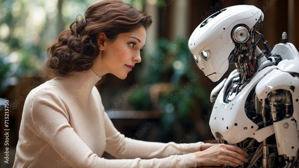 A Human Interacts with AI: Woman touching and communicating with robot companion. A Human Interacts with AI: Woman touching and communicating with robot companion.