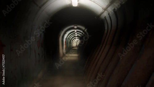 Walking Through Dark Tunnel Empty Underground Structure Tracking Shot. Walking through an empty underground cave tunnel towards a spooky door. Tracking shot photo