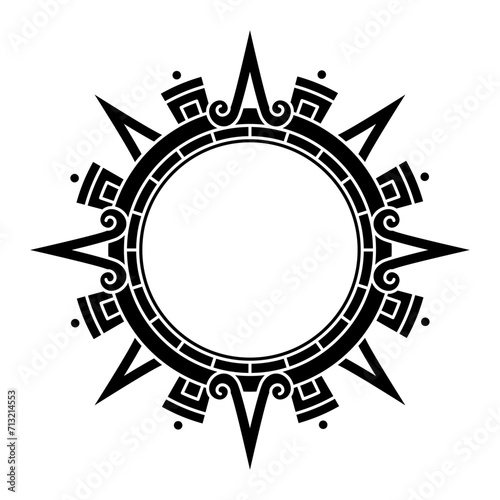 Aztec solar disk, sun symbol and diadem, representing Aztec sun deity Tonatiuh. Main arrows or sun rays pointing in the cardinal directions, with further subdivisions for inter-cardinal directions.