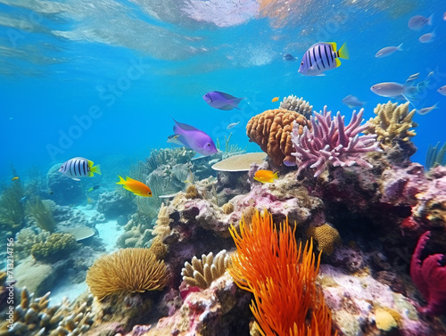 Vibrant and diverse coral reef ecosystem bursting with life and color, in a raw artistic style.