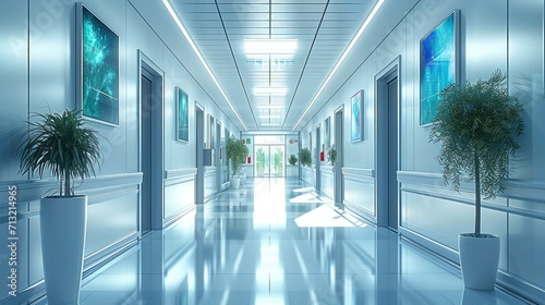 In the inpatient department  The corridor has a quiet and peaceful atmosphere with bright sunshine and a modern high-tech design. Generative AI.