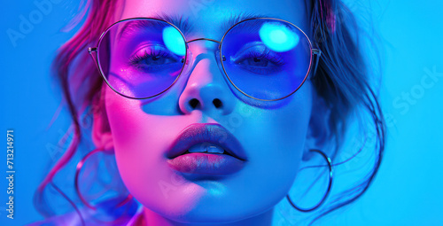Neon Glamour  A Stunning Blue-Eyed Model with Trendy Sunglasses  Rocking a Futuristic Hairstyle  Showcasing Vibrant Colors in a Bright Studio Portrait