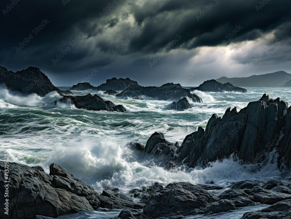 Intense, stormy sea with powerful waves crashing against rocky shores in a dramatic spectacle.