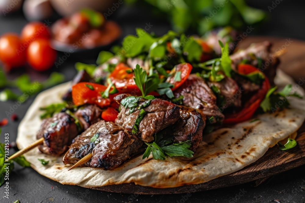 Two kebabs decorated with herbs and tomato slices on a flatbread. Concept for the development of kebab shops, cafes, restaurants.
Two kebabs decorated with herbs and tomato slices on a flatbread. Concept for the development of kebab shops, cafes, restaurants.