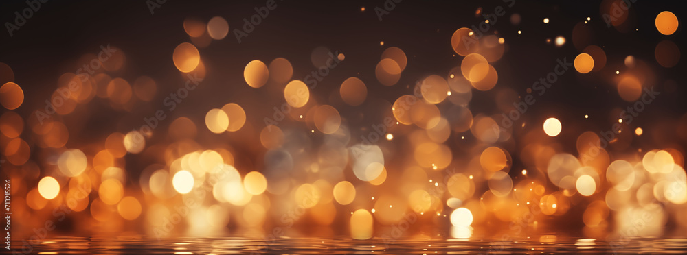 An enchanting bokeh background with golden orbs of light floating over a reflective water surface, exuding warmth and elegance. - obrazy, fototapety, plakaty 