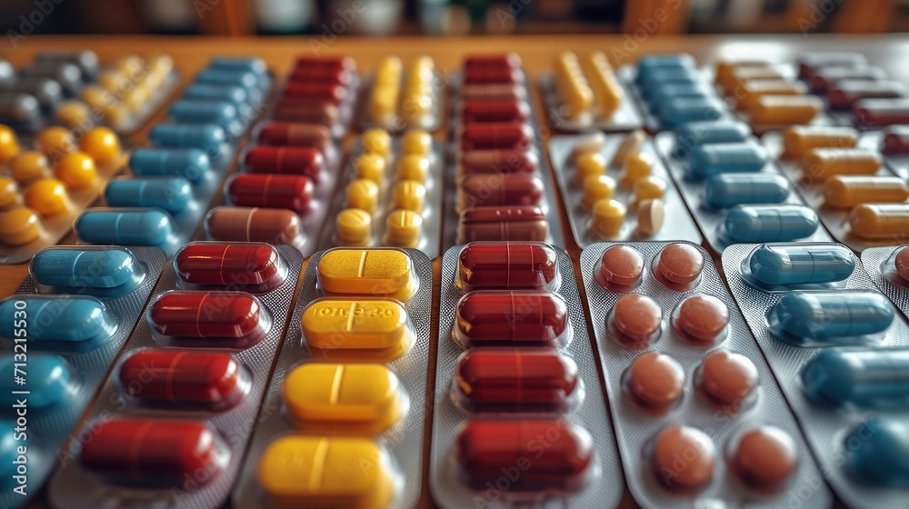 Obraz premium On a table there are various packages of medicine and many pills, Top view. Generative AI.