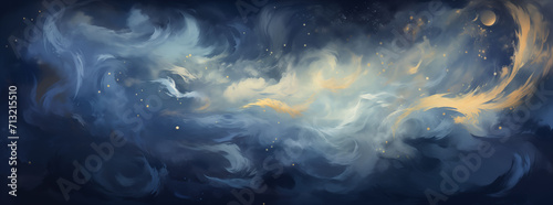 Swirling clouds in a tempestuous dance of blue and gold create a dramatic and abstract celestial scene.